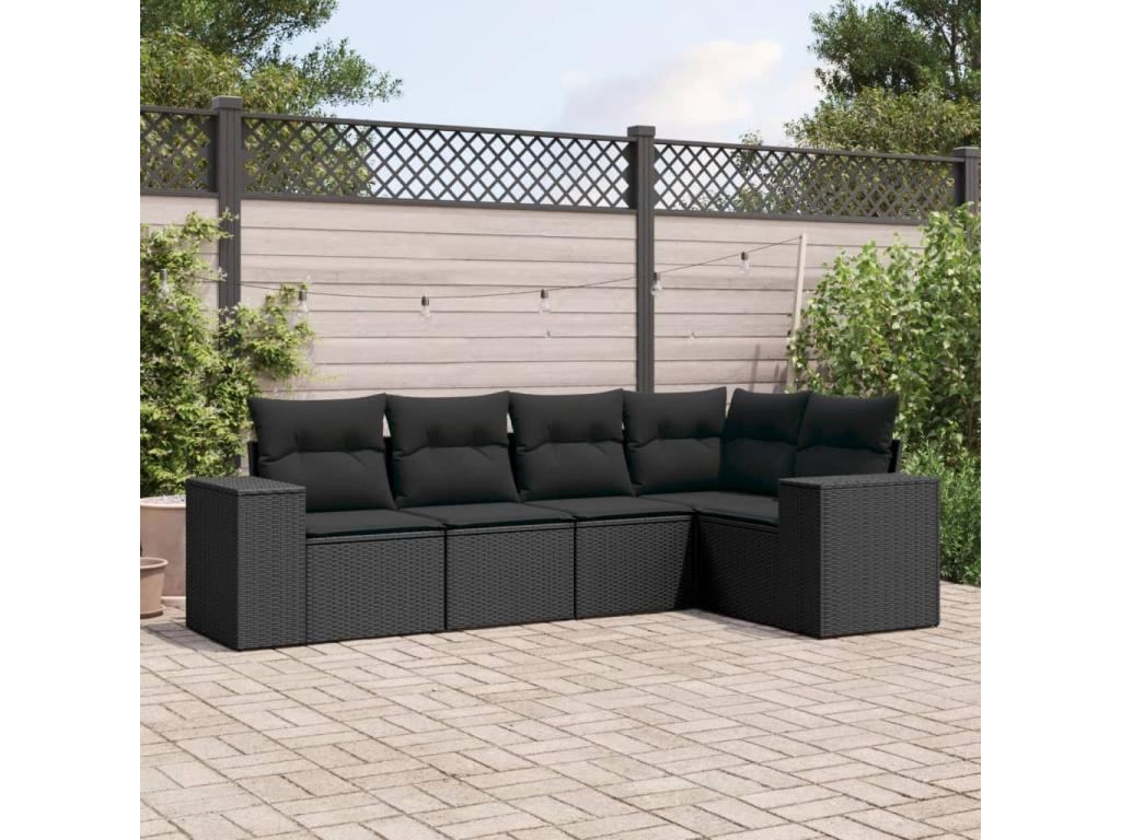 5-piece garden furniture set with cushions, black woven resin