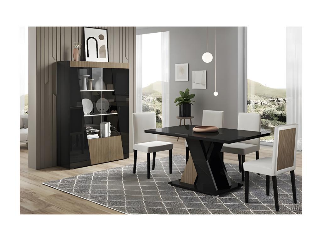 Vertchez - Black Living Room Set with Wood Decor, 160cm Table, Display Cabinet with LEDs