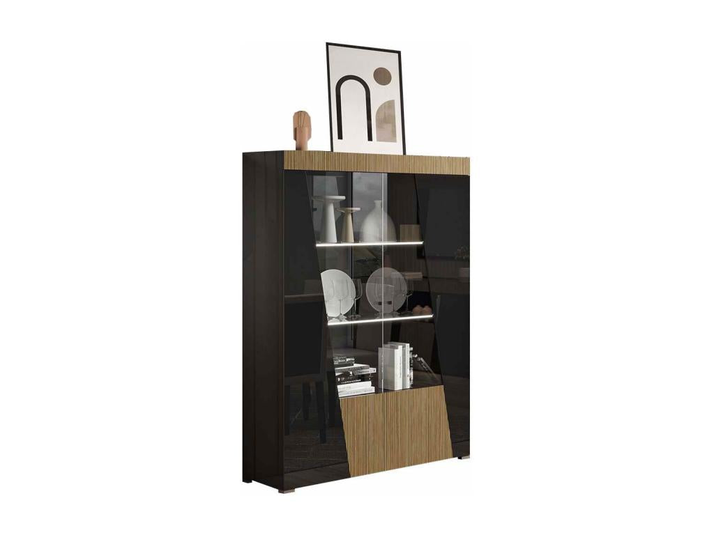 Vertchez - Black Living Room Set with Wood Decor, 160cm Table, Display Cabinet with LEDs