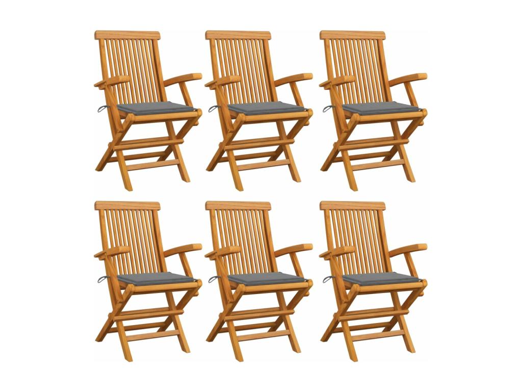 Garden chairs with grey cushions, set of 6, solid teak wood