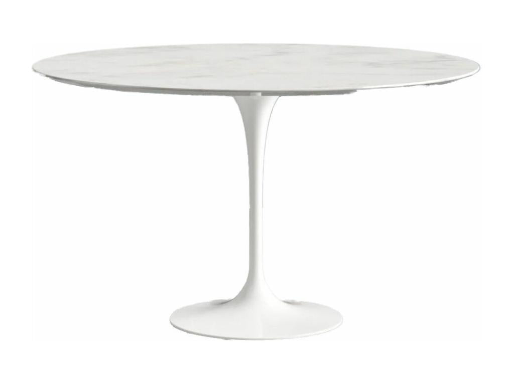 Round tulip table in marble - White marble top - Diameter 80 cm - Glossy white base