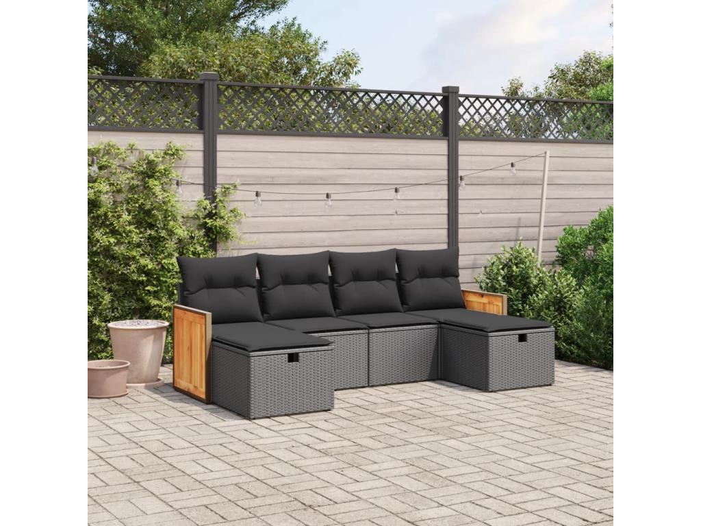 6-piece garden furniture set with black resin wicker cushions