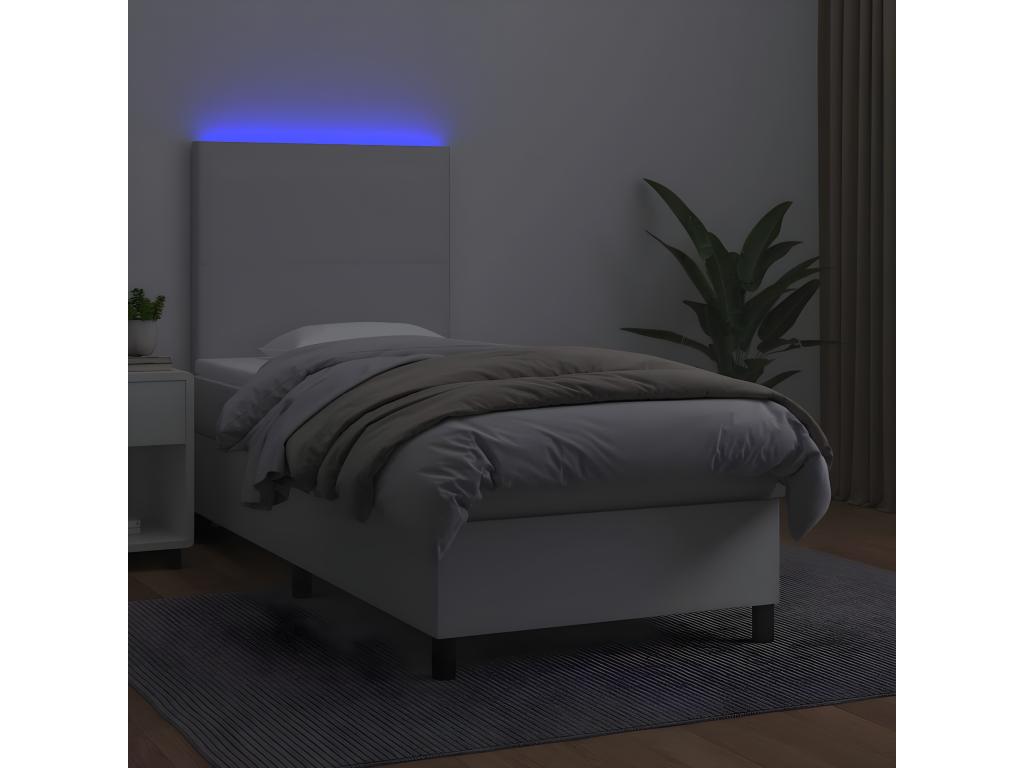 Upholstered bed base and mattress with LED lighting, white, 100x200 cm, faux leather