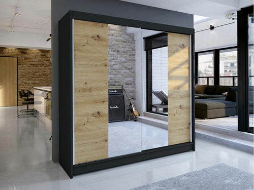 Meublita 138 Black - Oak Wardrobe, 215x180x58cm, Sliding Wardrobe Doors