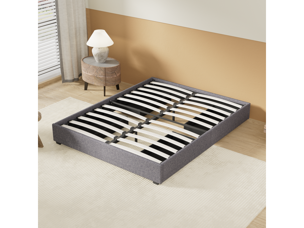 120x190 cm bed with drawers, slatted base, Vertchez, wooden frame, grey fabric