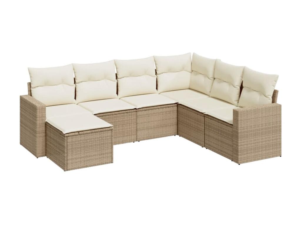 7-piece garden furniture set with cushions, beige woven resin